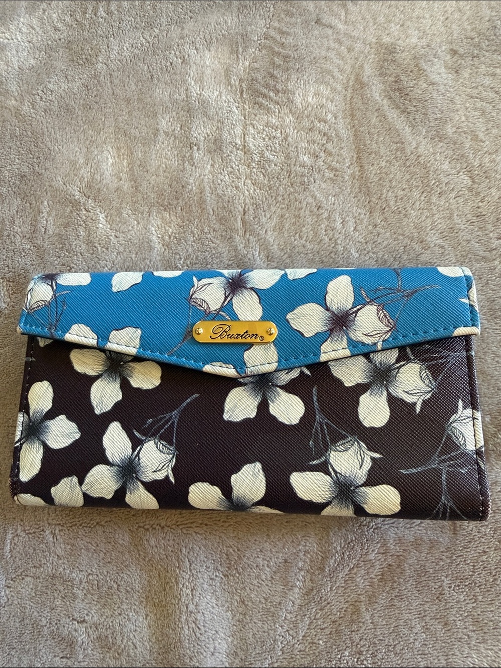 Buxton Blue and and Navy Blue Floral Compact Wallet with Gold Plaque
